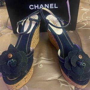 Authentic CHANEL Wedges With Box EU 39 US 9 Cork Denim Floral Style